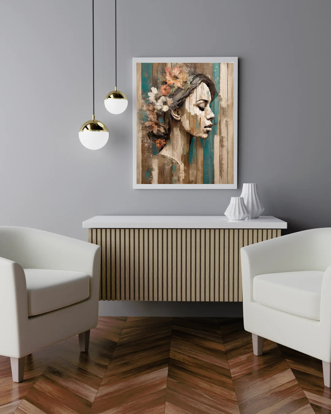 Modern abstract woman face painting in neutral and teal shades for living room decor