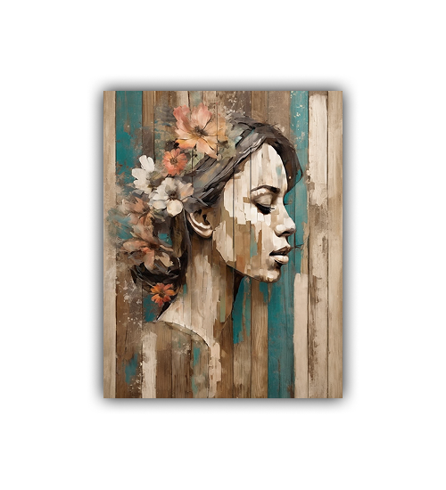 Abstract female face painting with vintage textures and soft color palette