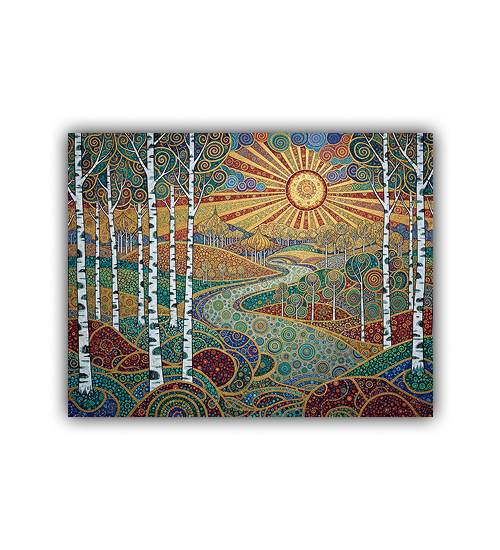 Colorful abstract landscape with trees and a sun on a white background