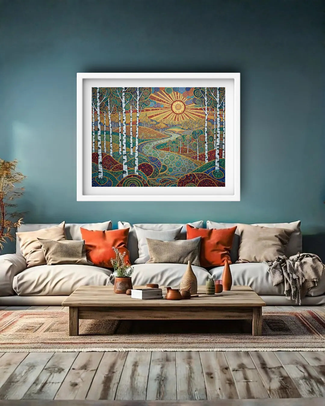 Living room with a colorful abstract painting on the wall above a sofa.