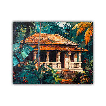 A rectangular wall art print or canvas showing a tropical house surrounded by dense green foliage and palm leaves, photographed against a plain white background.