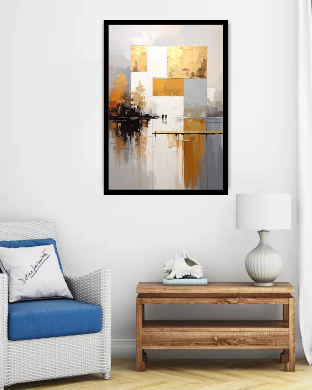 Abstract art print on a wall above a wooden side table in a living room.