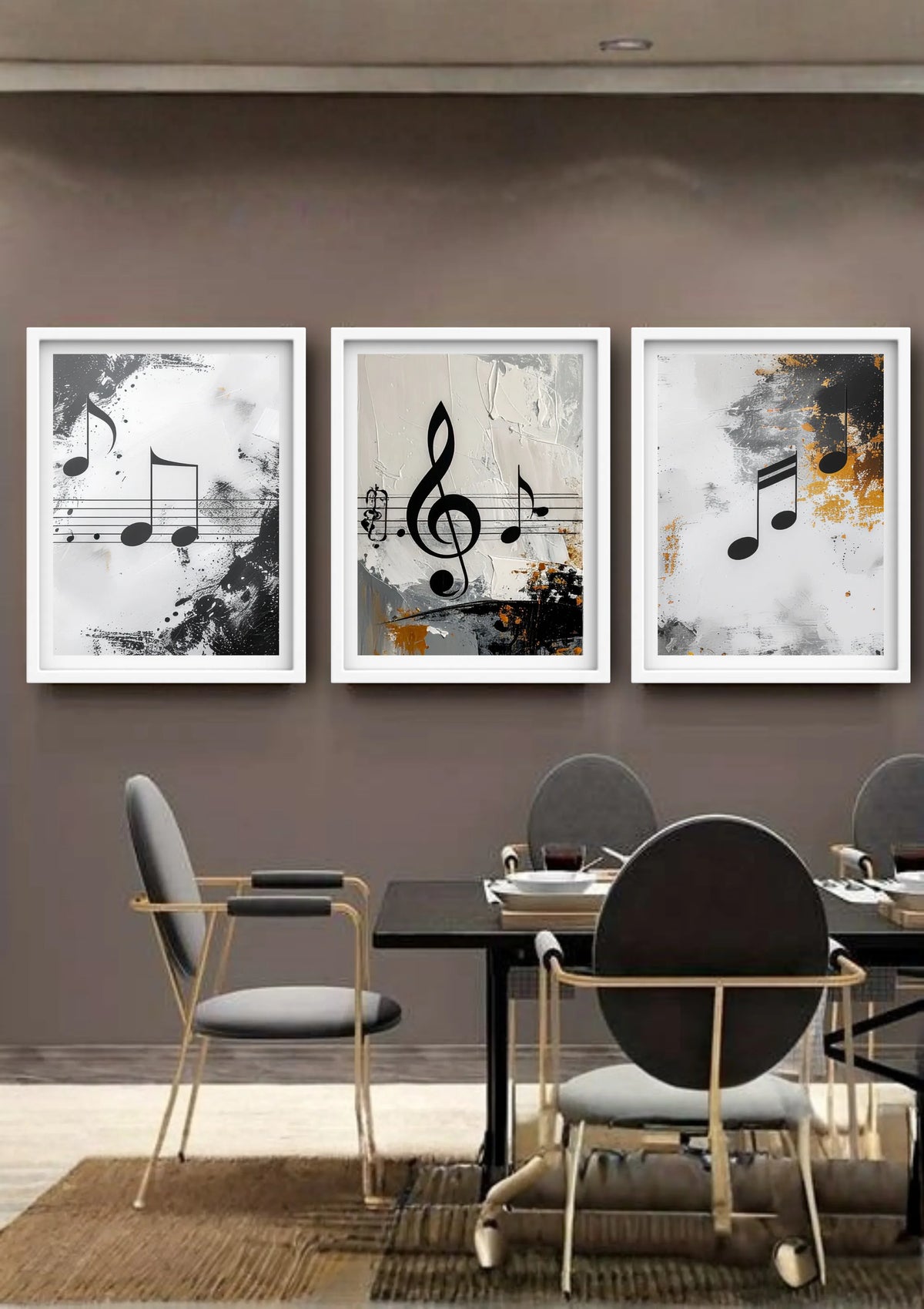 Dining room with abstract music-themed wall art above a table.