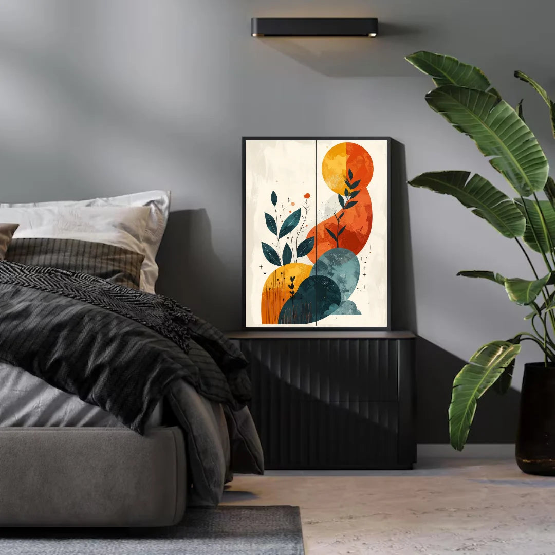 Abstract botanical wall art canvas displayed in a modern bedroom interior