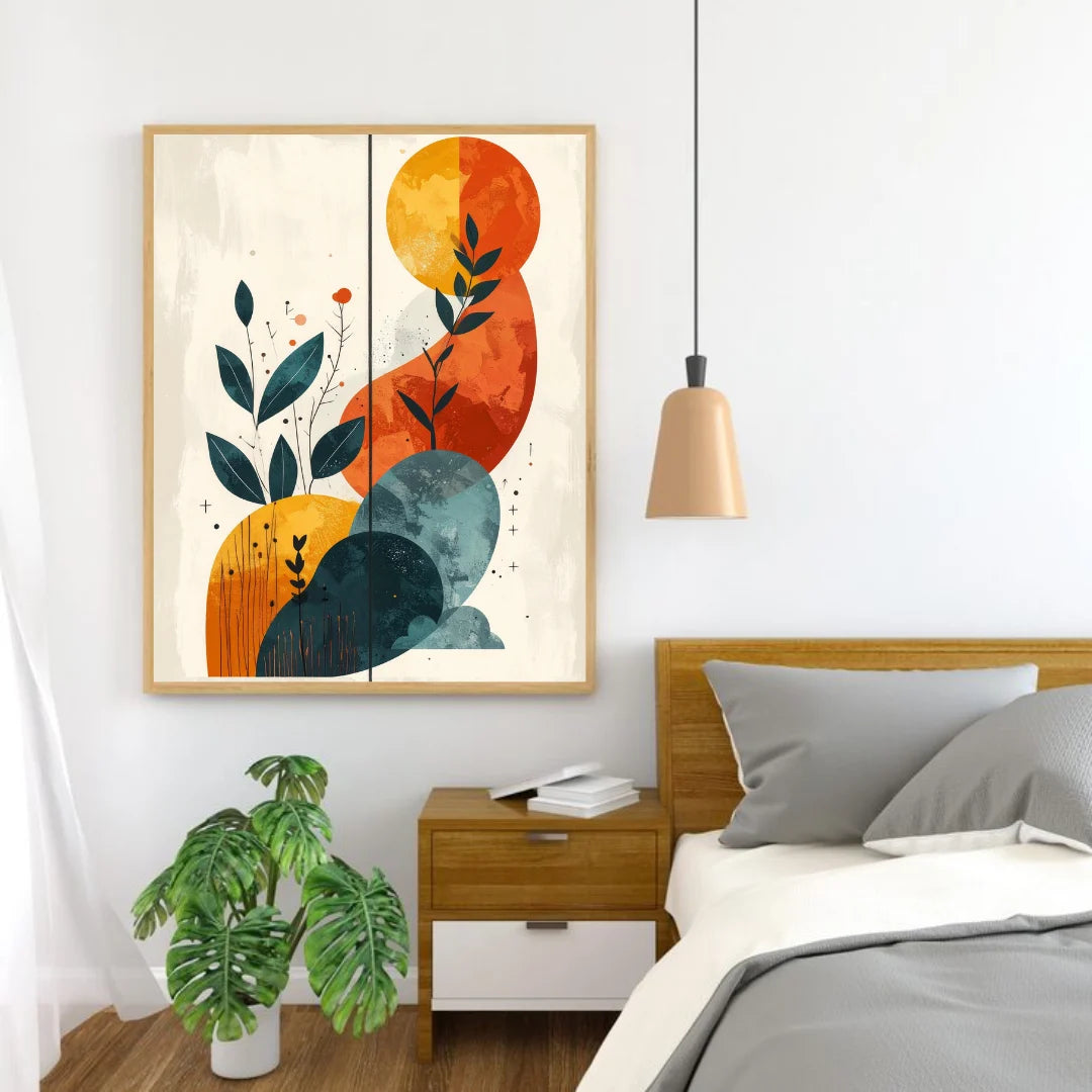 Modern abstract botanical wall art canvas hanging above a bed in a bright bedroom