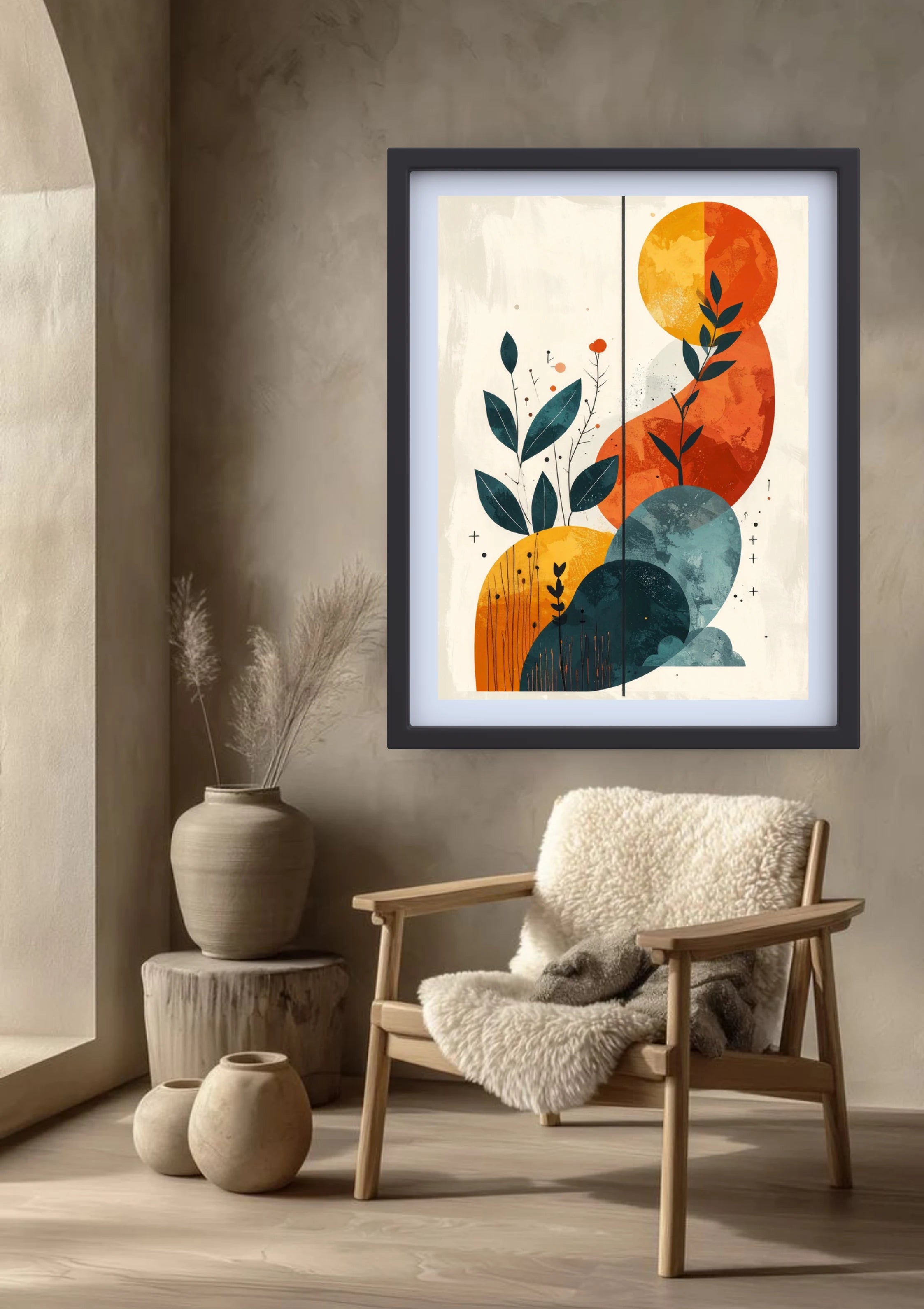 Cozy living room decorated with abstract botanical wall art canvas above sofa