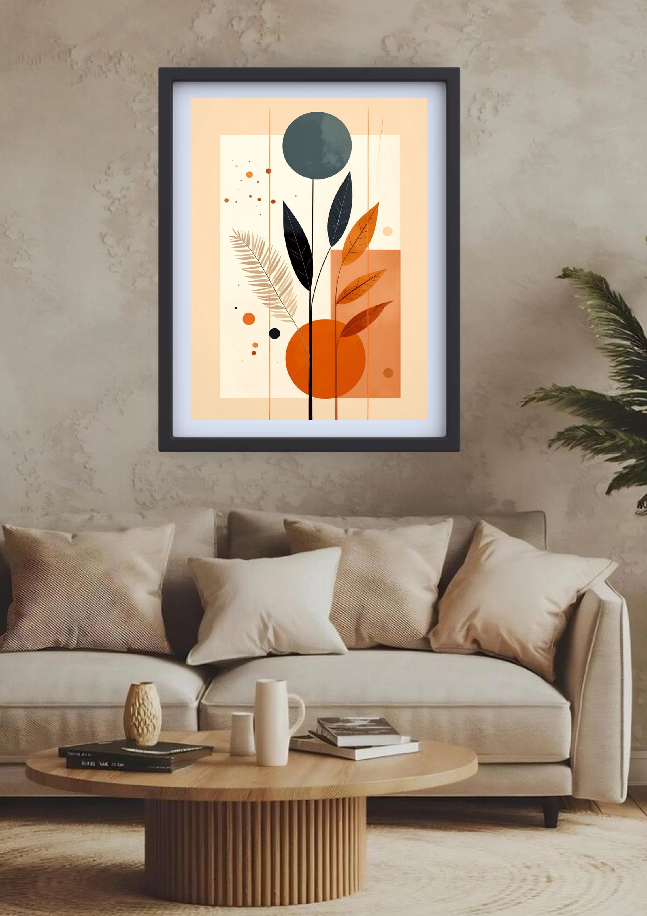 Neutral living room decorated with abstract botanical wall art canvas above sofa
