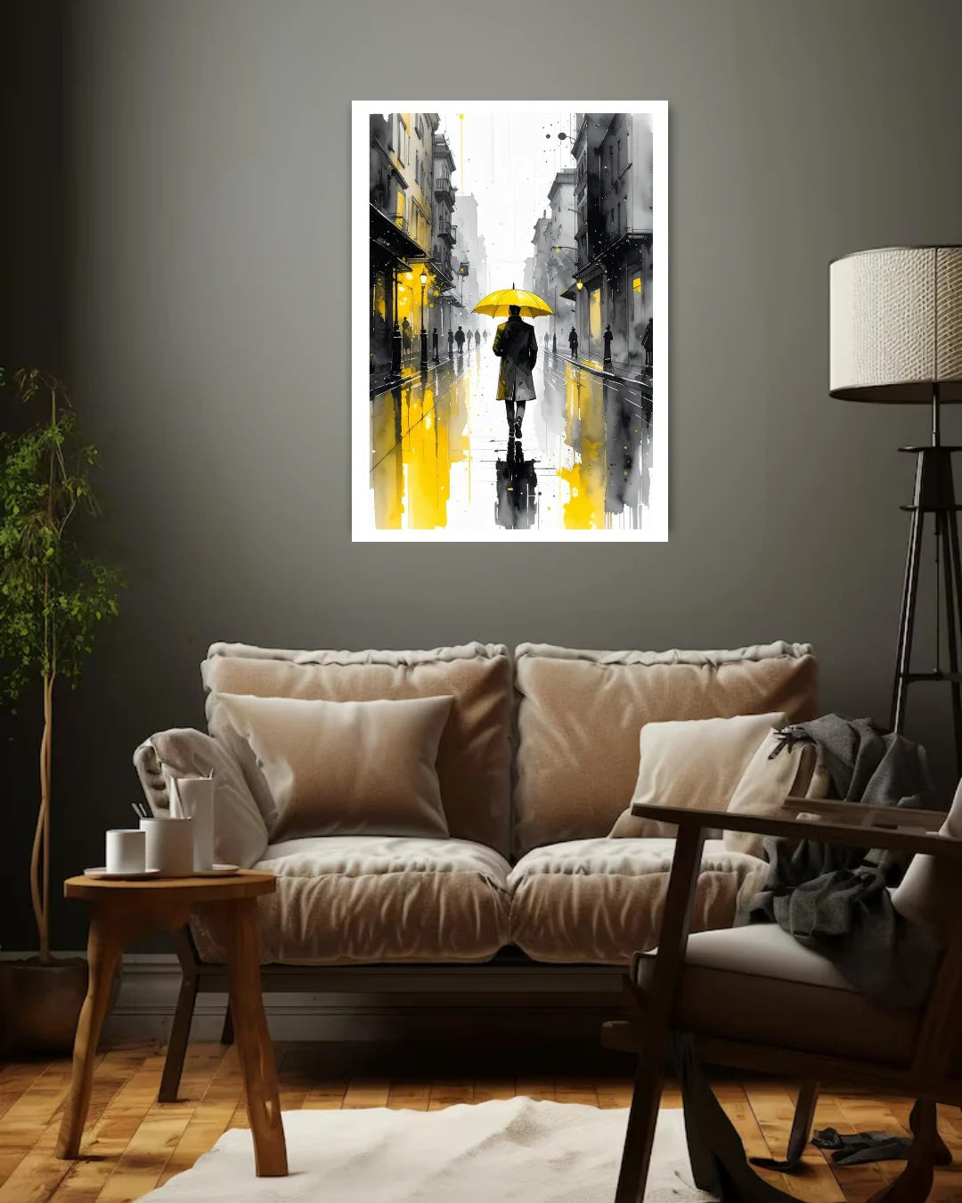 modern abstract city wall art canvas with yellow highlights