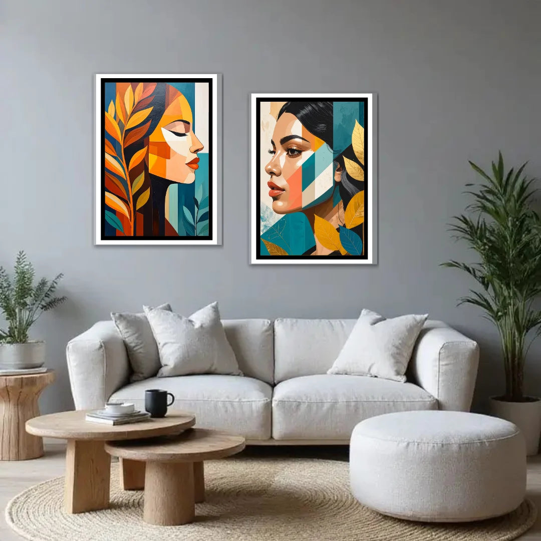 Abstract female wall art canvas set of two with modern portrait design
