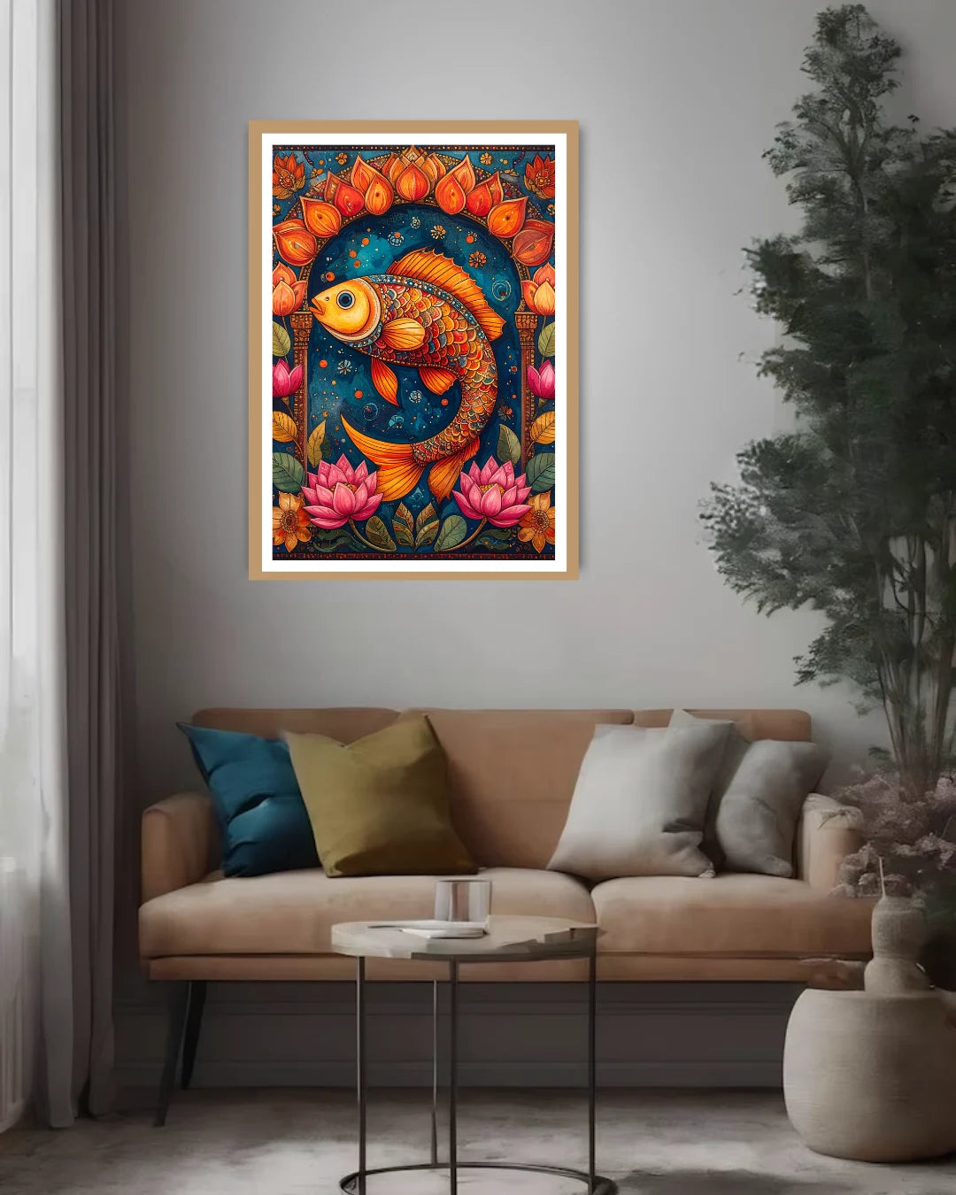 modern fish artwork displayed above beige sofa in contemporary interior