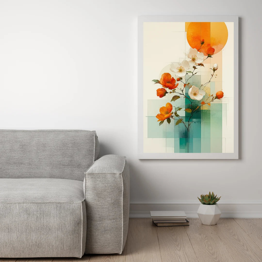Abstract floral canvas wall art displayed above sofa in living room