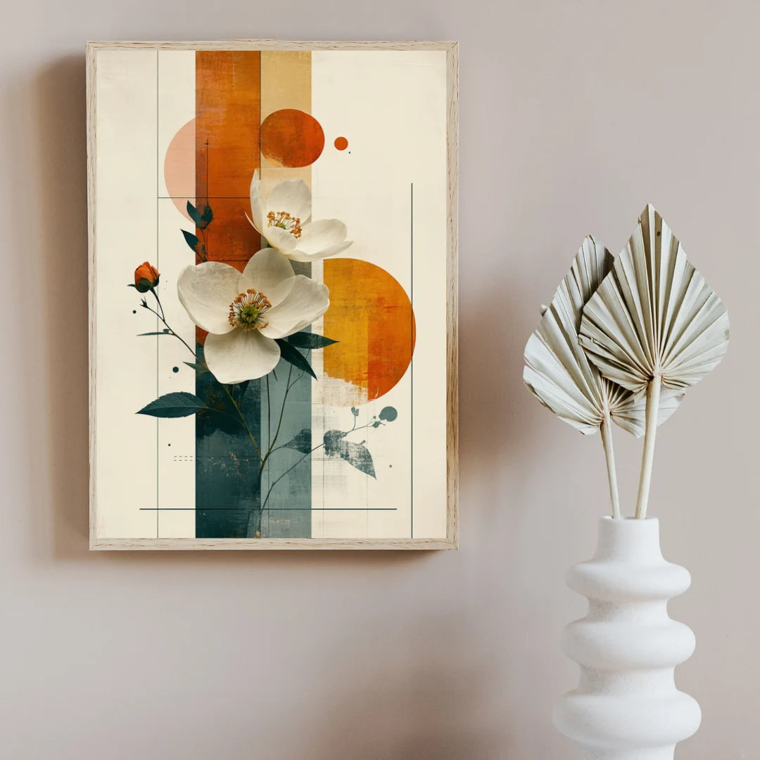 Modern abstract floral canvas wall art with orange flower design