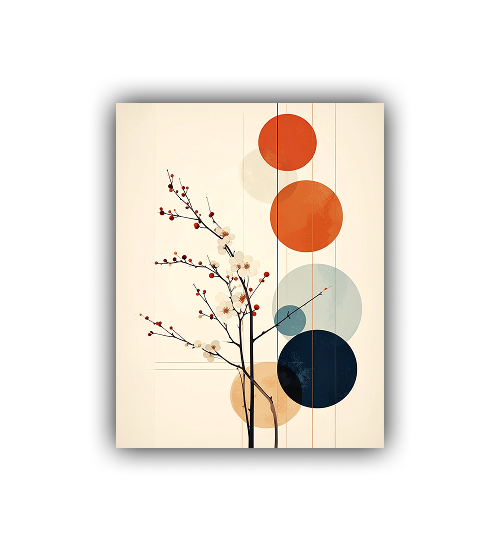 Close-up view of abstract geometric wall art canvas painting with circular shapes