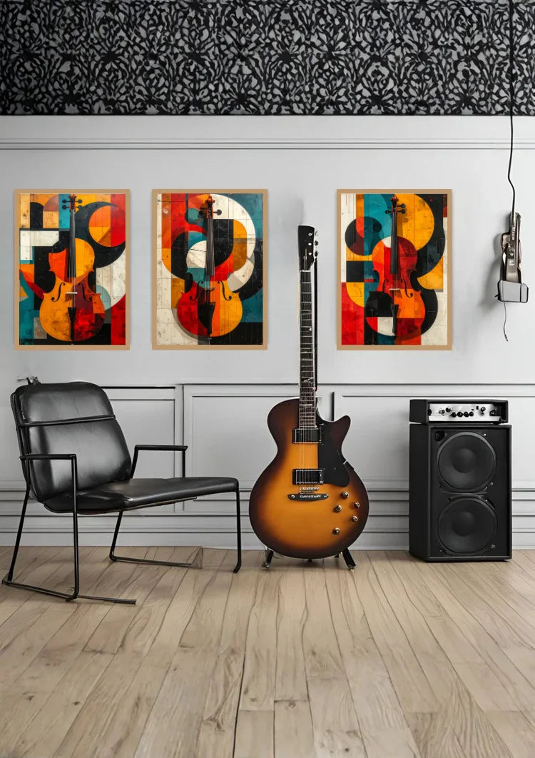 Modern abstract guitar canvas wall art set displayed in a stylish music studio with instruments.