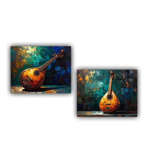 Abstract Indian music canvas wall art veena painting set of 2 for stylish interiors