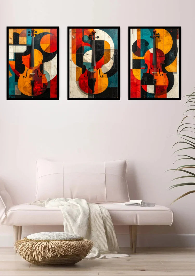 Colorful abstract musical triptych canvas wall art featuring guitar-inspired artwork displayed in a modern living room.
