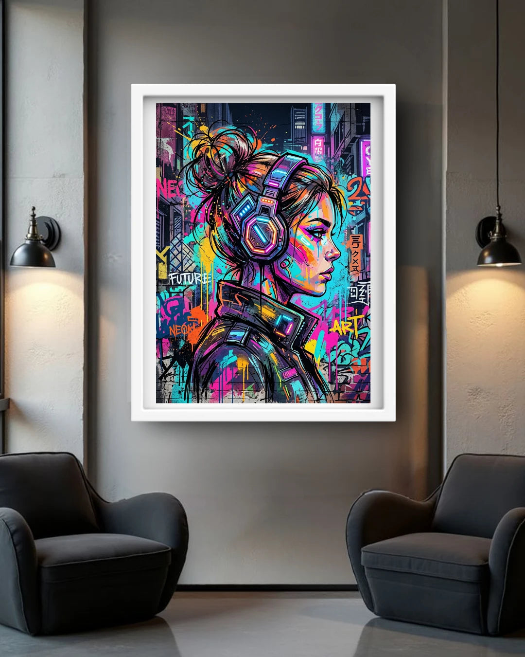 Framed colorful artwork of a woman with headphones in a modern room.