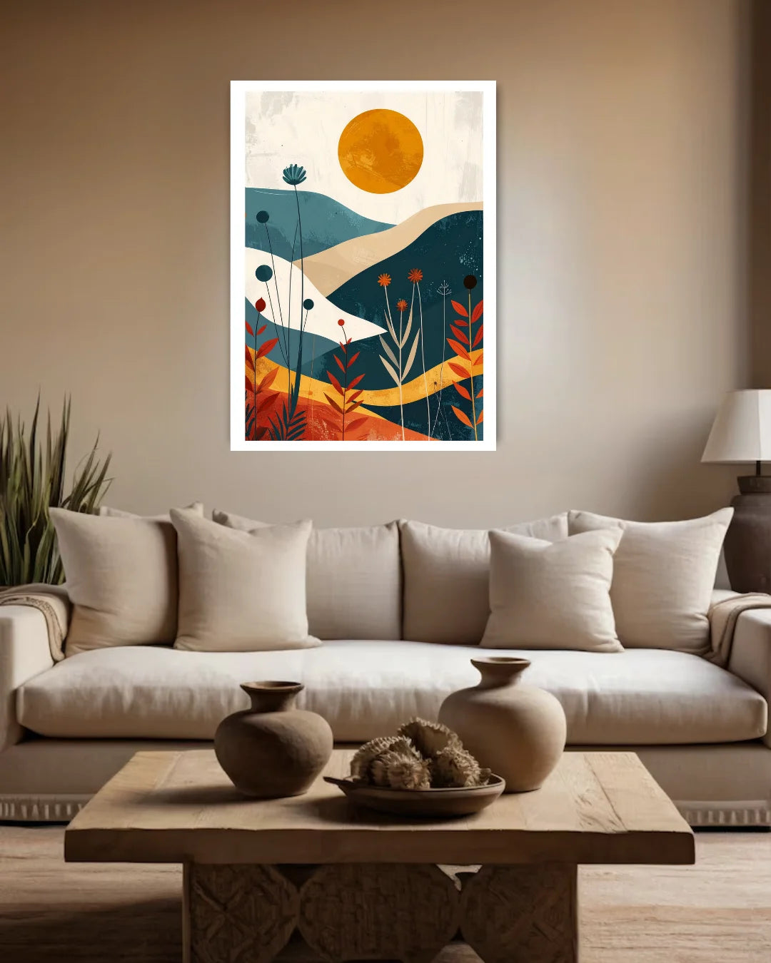 abstract sun wall art canvas in minimal home interior