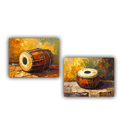 Abstract tabla canvas wall art set of 2 Indian percussion painting for interiors
