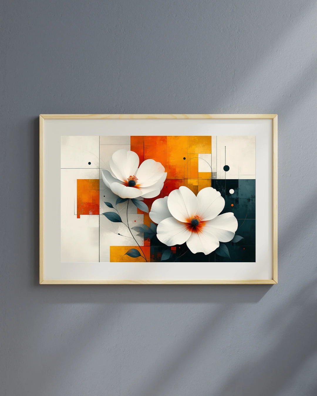 Abstract white floral wall art canvas hanging on a grey wall in a modern interior