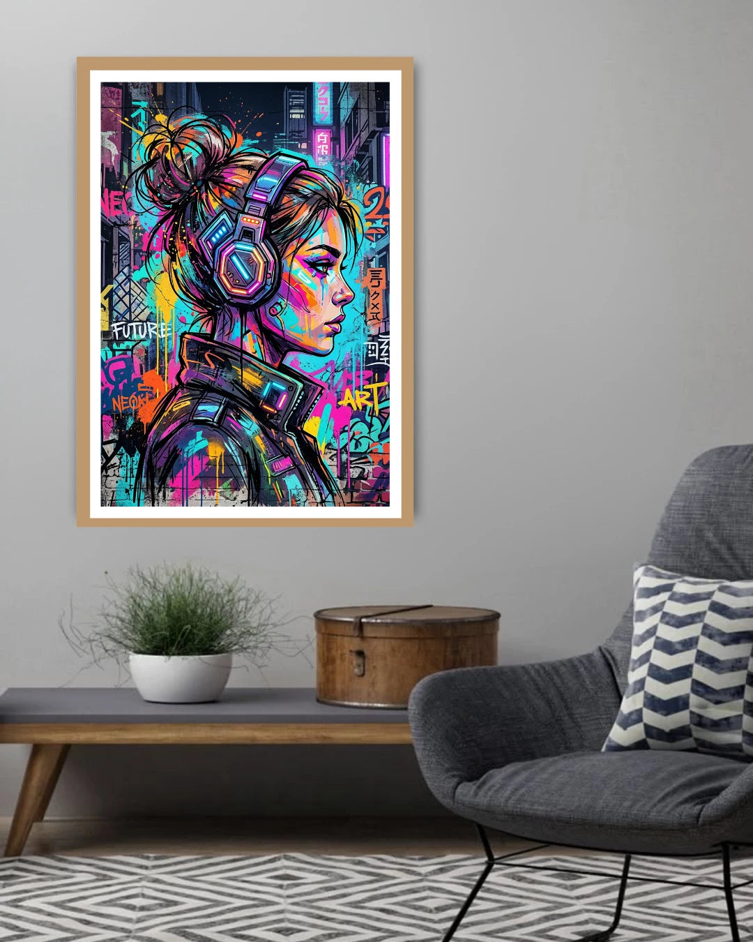 Colorful abstract art print of a woman with headphones on a gray wall above a coffee table.