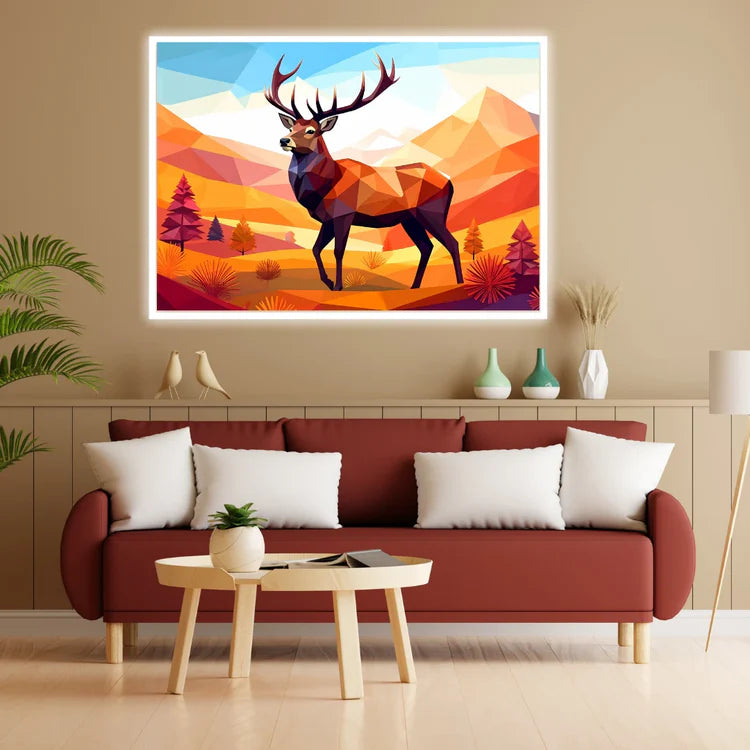 Living room with a red sofa, coffee table, and abstract deer painting on the wall.