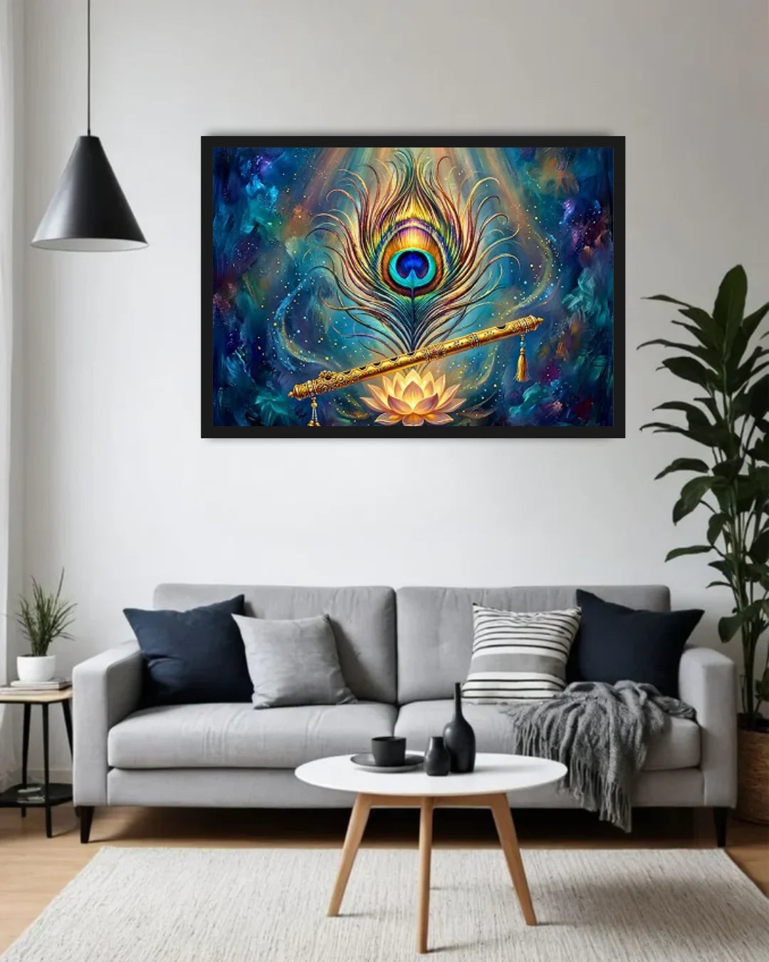 A framed wall art print featuring a stylized peacock feather and golden flute over a colorful cosmic background, displayed above a gray sofa in a modern living room.