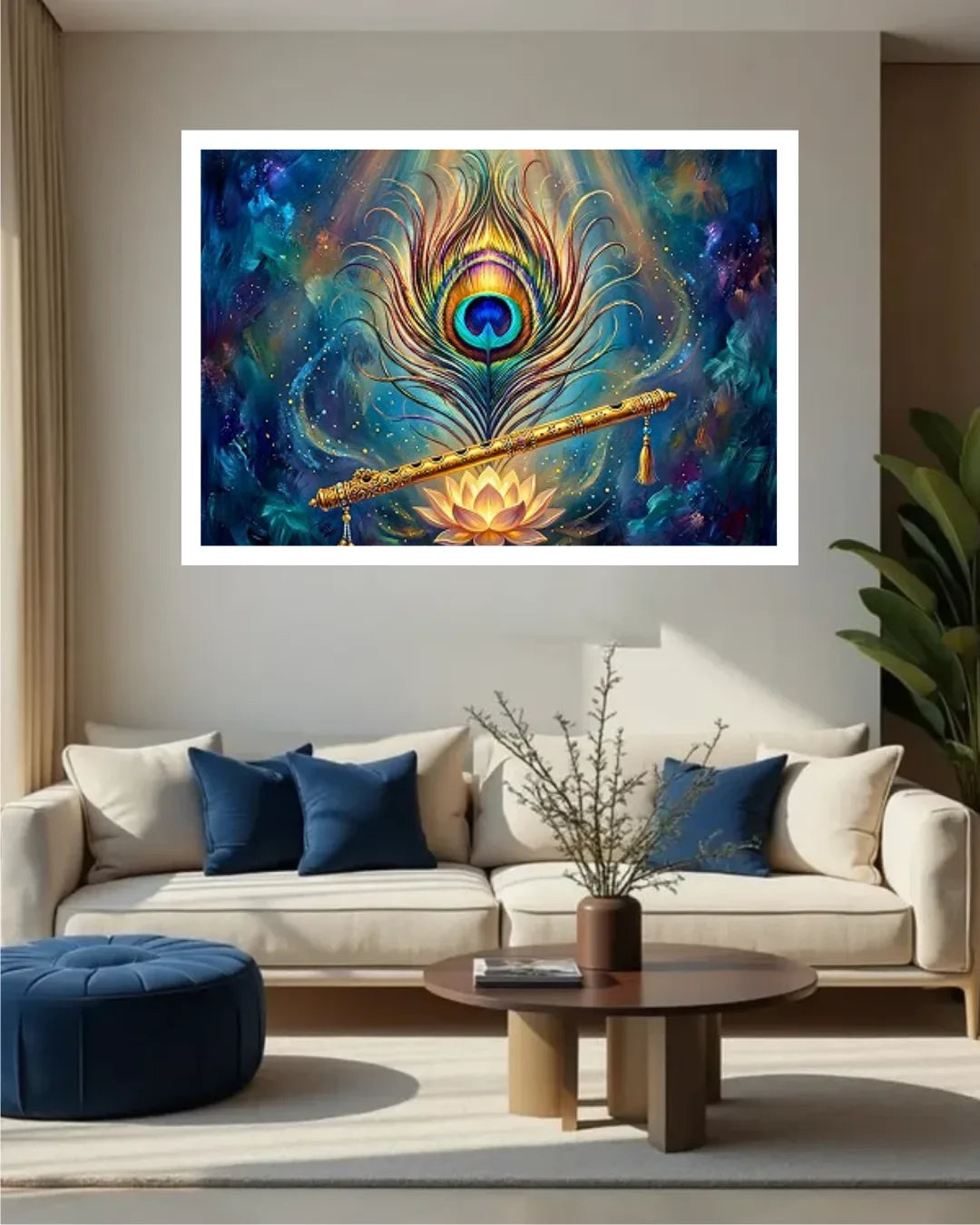 A framed wall art print featuring a colorful peacock feather and flute design, displayed above a beige sofa in a modern living room setting.