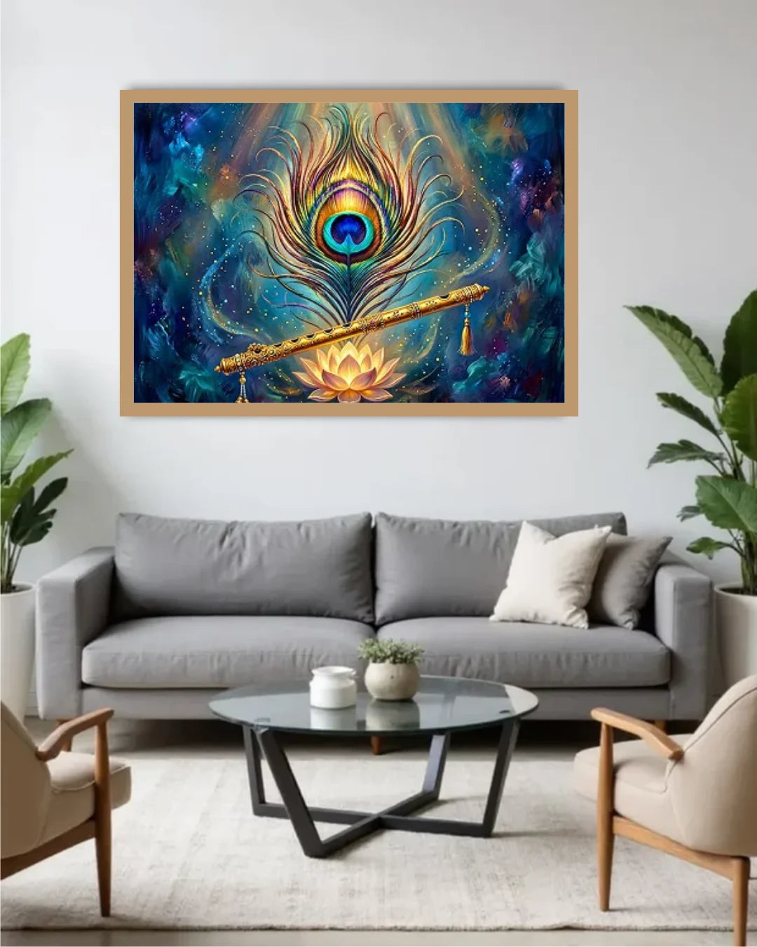 A framed wall art print featuring a colorful peacock feather and lotus flower with a flute, displayed above a gray sofa in a modern living room setting.
