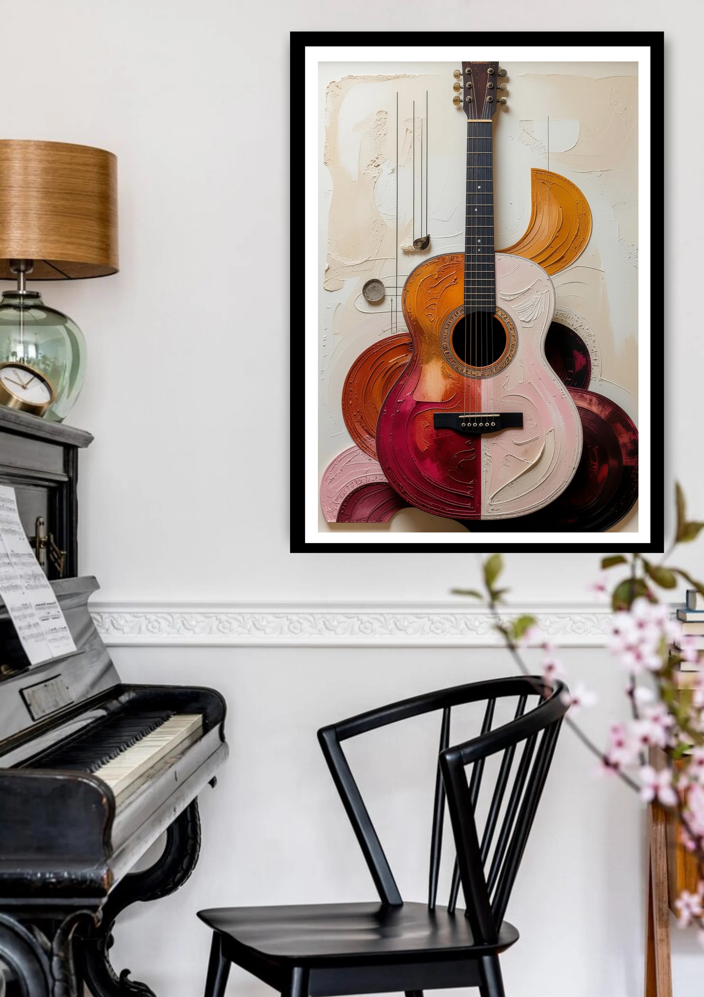 Framed artwork of a guitar in a living room with a piano and chair.