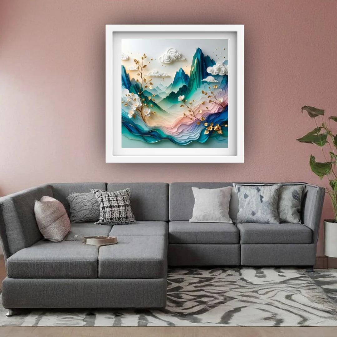 Gray sectional sofa with decorative pillows in a living room setting, featuring a colorful abstract painting on the wall.