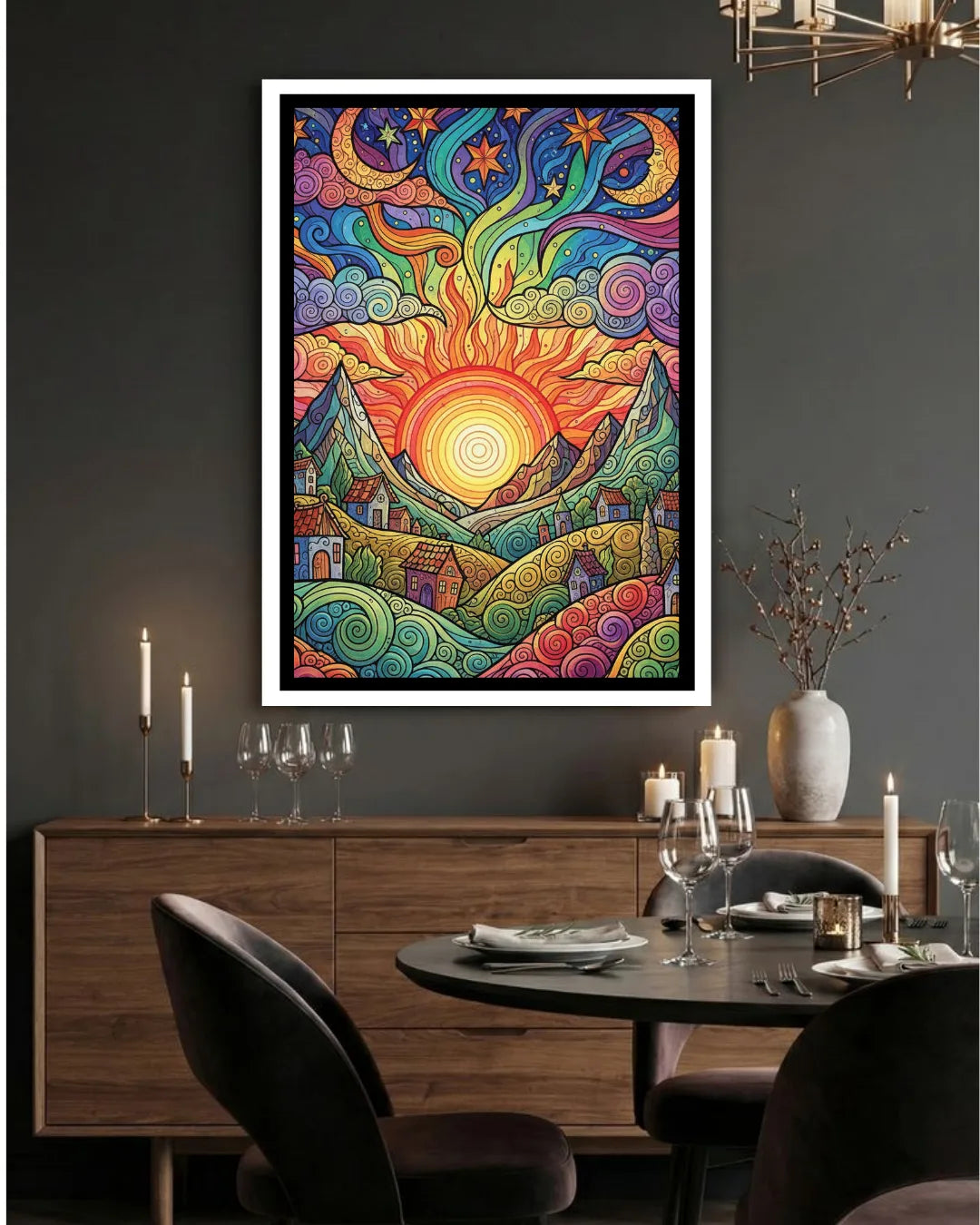 Colorful abstract painting in a modern dining room with dark walls and wooden furniture.