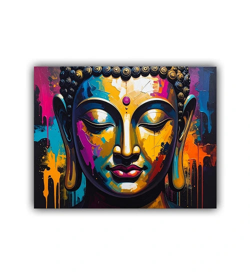 Colorful abstract painting of a Buddha face on a white background