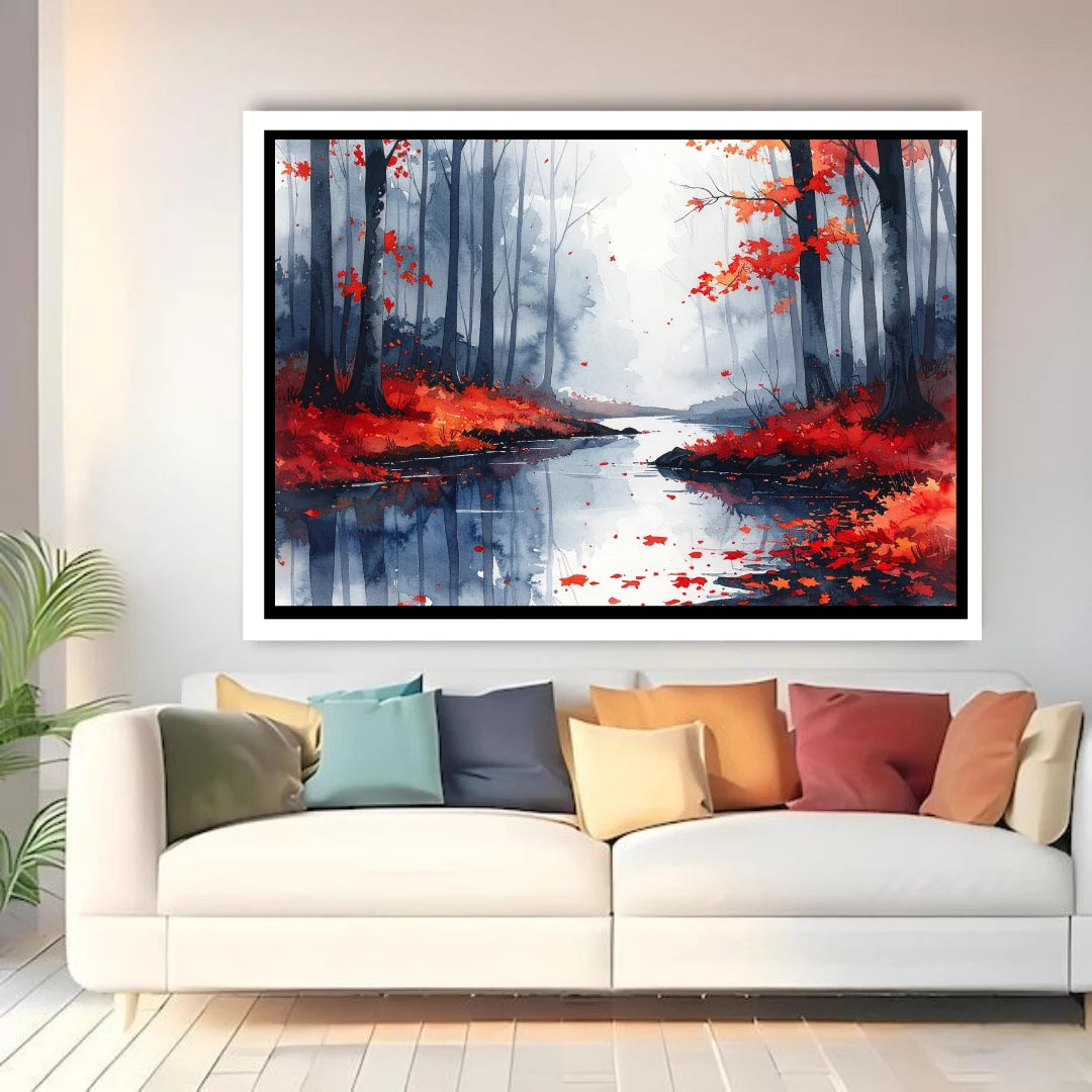 Framed painting of a forest scene with red leaves above a white sofa with colorful pillows.