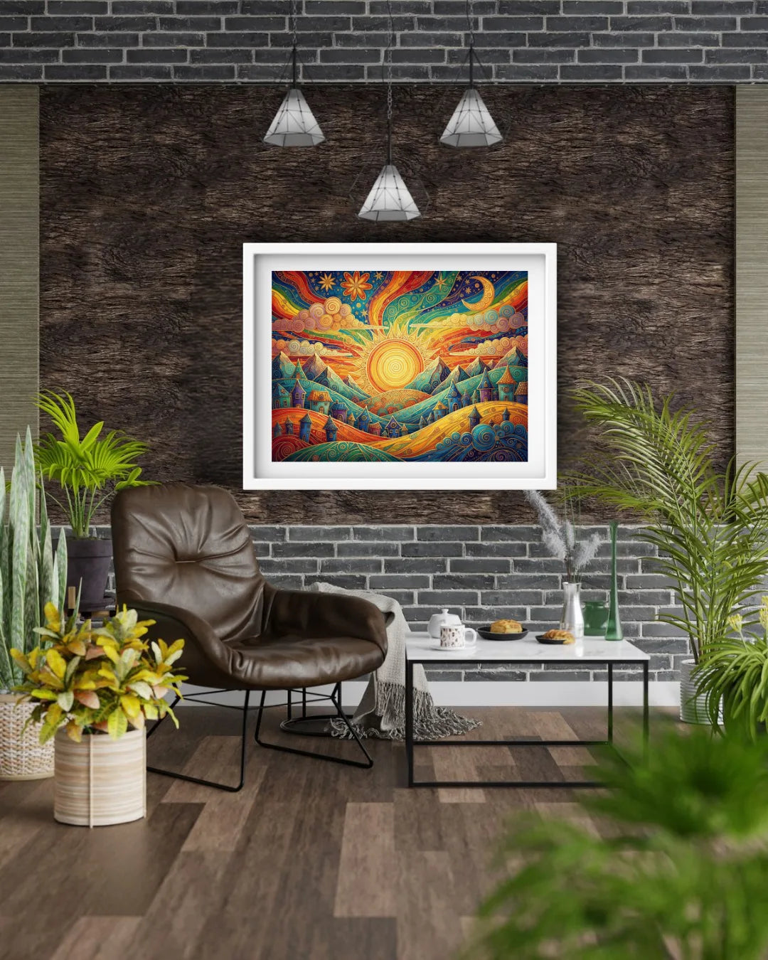 Colorful abstract painting on a wall in a modern living room with a brown leather chair and plants.