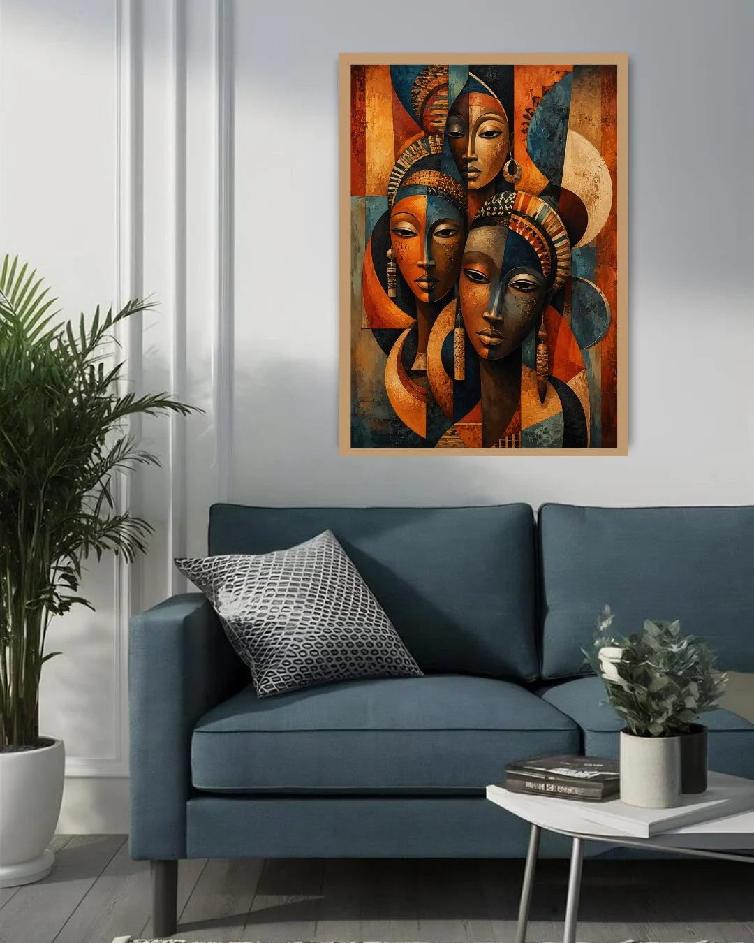 abstract tribal faces wall art canvas in modern living room decor