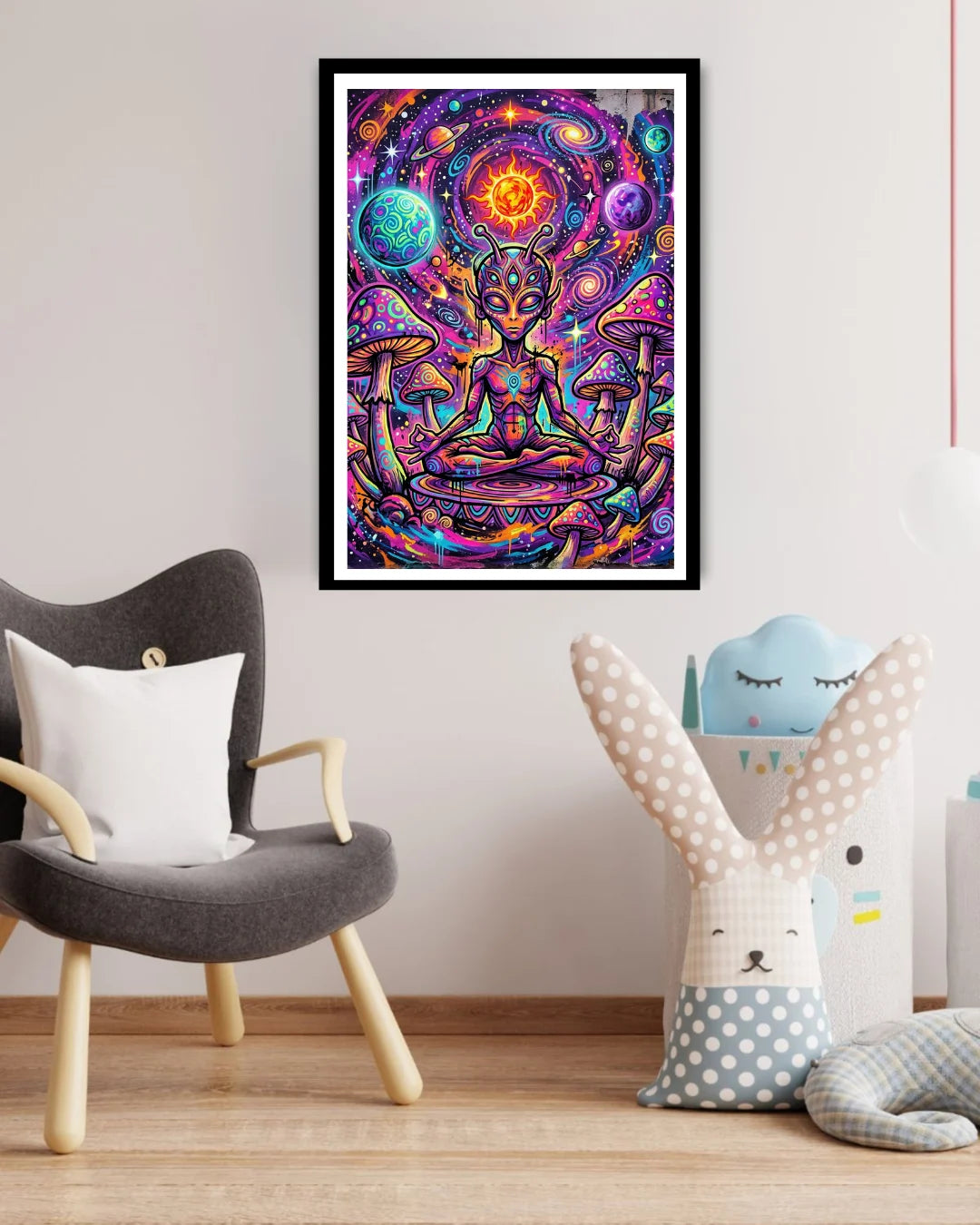 alien wall art canvas in modern corner interior decor