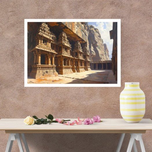 A framed art print depicting the ancient rock-cut temple of Alor in India, displayed on a textured brown wall above a light wood table with a yellow and white striped vase and scattered rose petals.