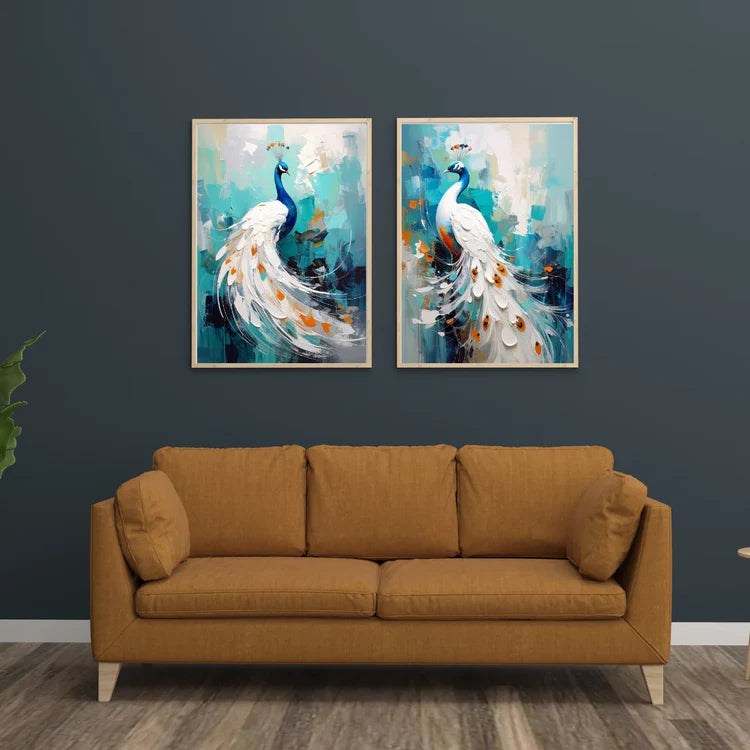 Artistic blue peacock wall art canvas set for living room decoration