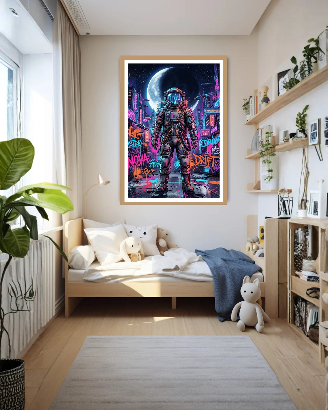 neon astronaut wall art canvas in modern living room interior