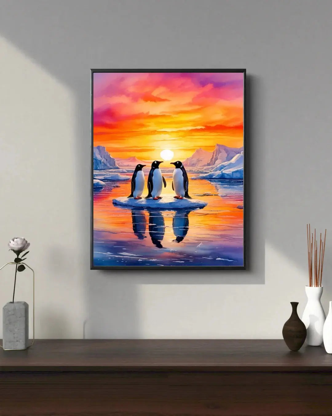 Penguin Reflections at Sunset – Wall Art Canvas WallArtVibes