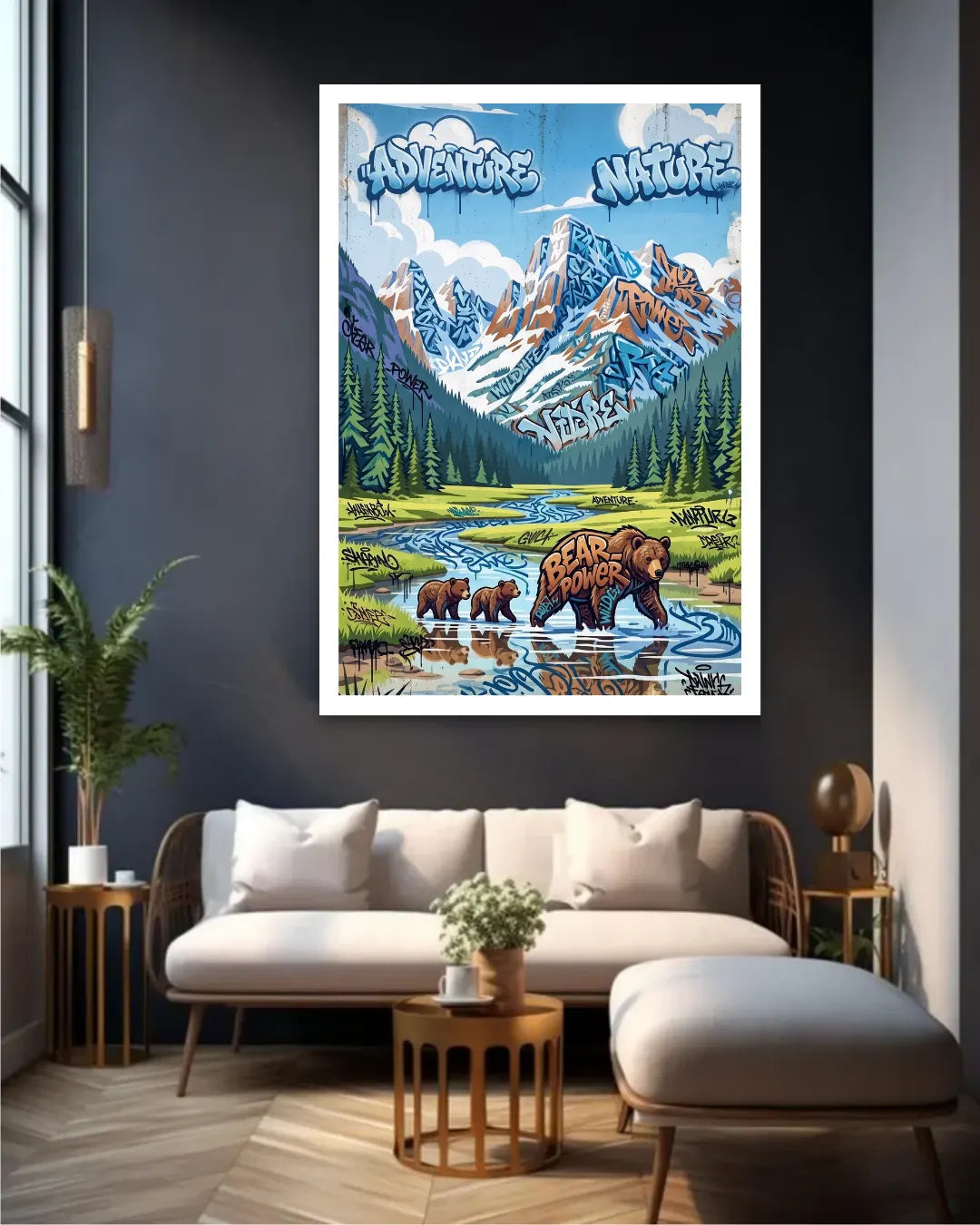 Poster of bears near a lake with mountains in a living room.