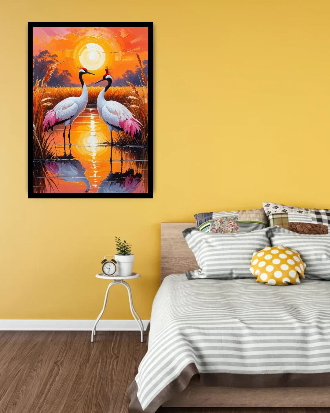 Framed artwork of cranes on a yellow wall above a bed with striped bedding.