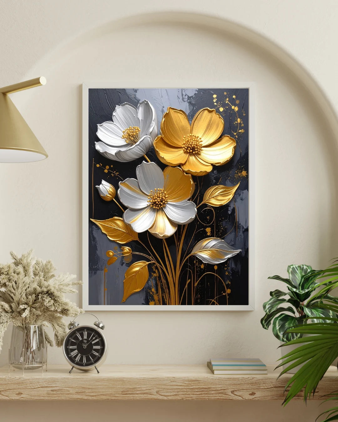 Black and gold floral wall art canvas displayed inside an arch wall in a modern interior
