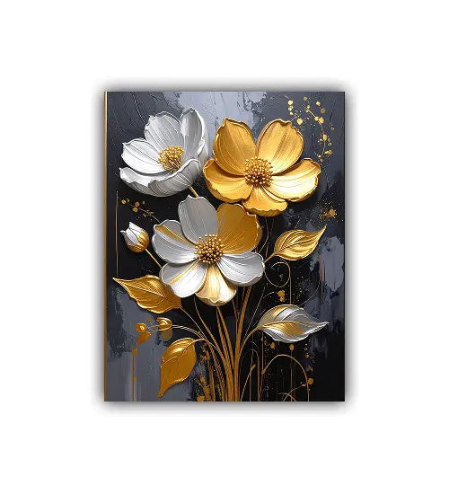 Close-up view of black and gold floral wall art canvas painting