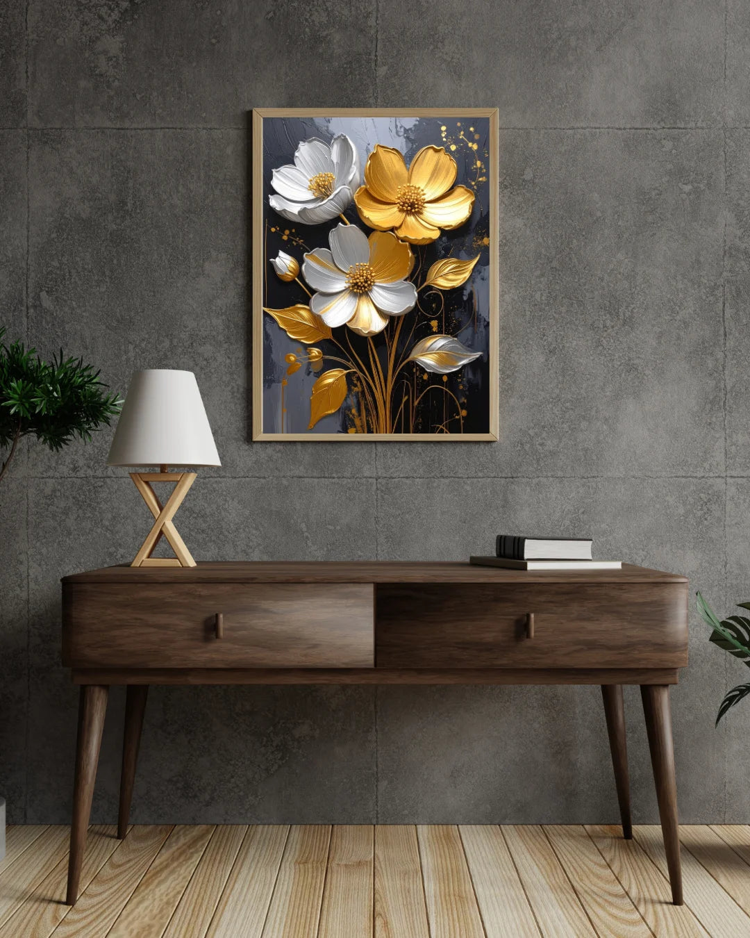 Black and gold floral wall art canvas displayed above a wooden console table