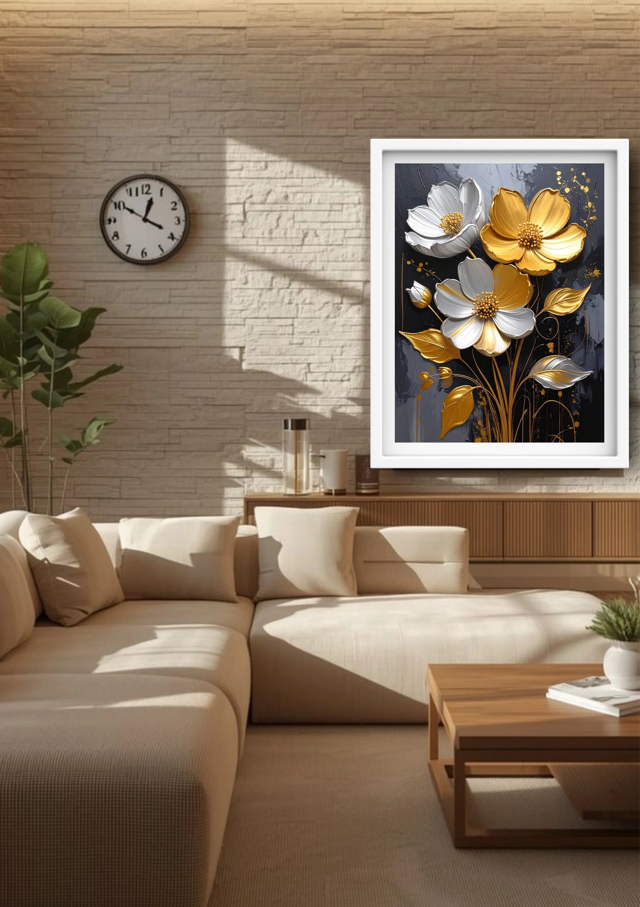 Luxury living room decorated with black and gold floral wall art canvas above sofa