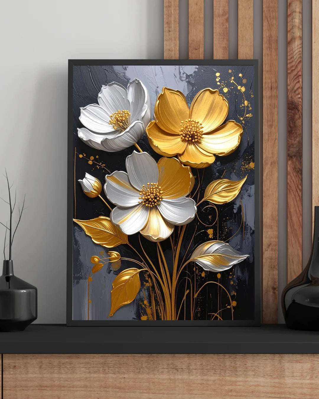 Black and gold floral wall art canvas with elegant metallic flowers on a dark background