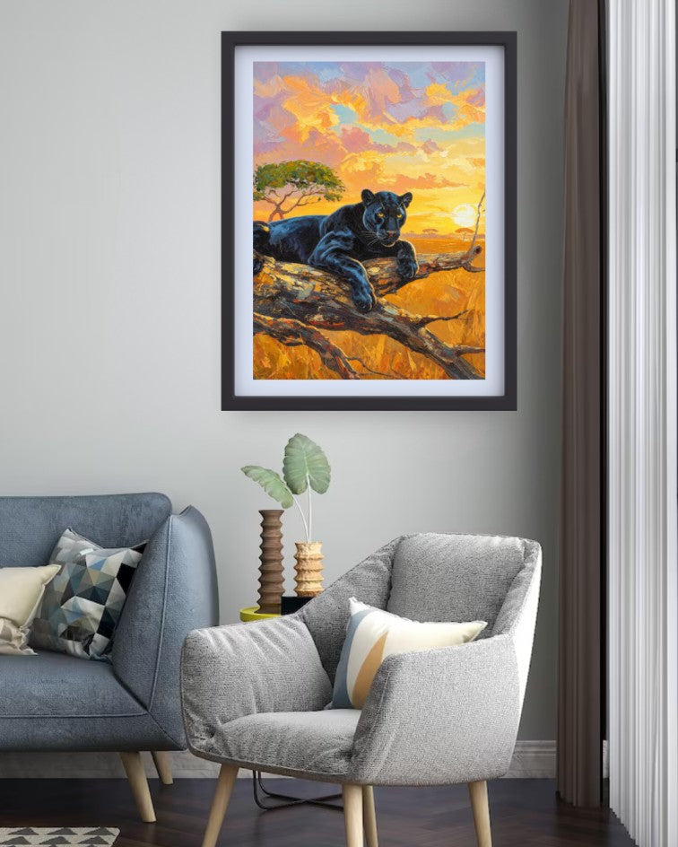 Black panther canvas artwork adding a bold wildlife accent to a cozy modern lounge.