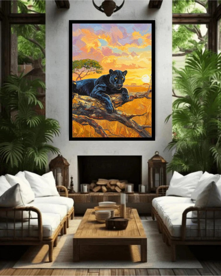 Framed black panther canvas painting showcased in a stylish contemporary living room